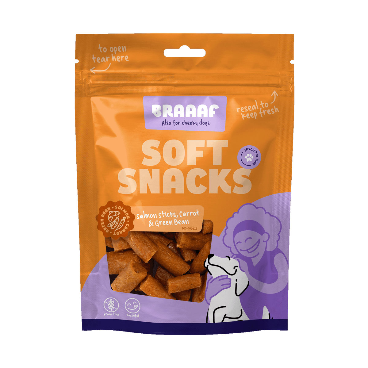 Braaaf Soft Snack Zalmstick met wortel en sperzieboon